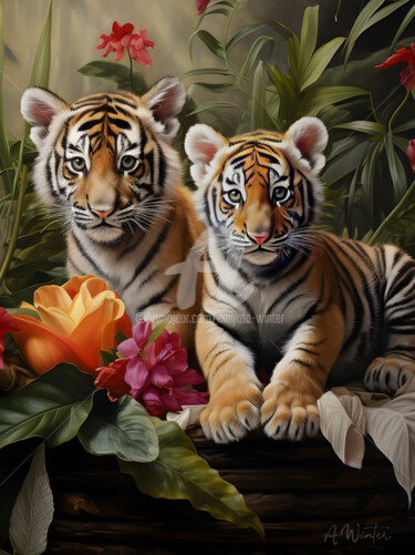 “Jungle vibe: Two Tiger Cubs in a Tropical Haven”